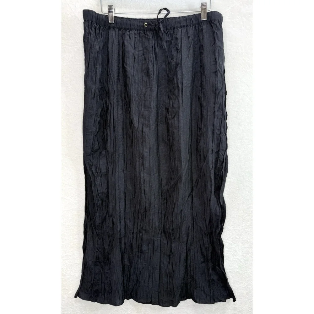 J Crew Women Midi Skirt Size XL Black Crinkled Drawstring Elastic Lined Vent NWT
